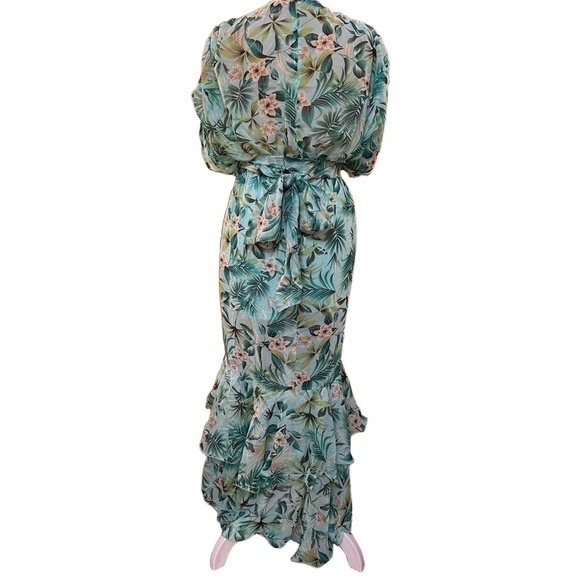 AMTIOUS Floral Print VNeck Short Sleeve Tie Waist Ruffled Maxi Dress Small - Picture 11 of 11